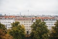 View from high point to the street with buildings with trees in Berlin in Germany. Architecture of the big city.