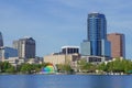 View of High-rise buildings, skyline, Amphitheatre and fountain at Lake Eola, Downtown Orlando, Florida Royalty Free Stock Photo