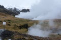 High temperature warning sign and steam rising from the ground, Iceland Royalty Free Stock Photo