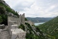 A view high up along the rocky fortress walls and pathways of the walls of Ston, surrounding Ston, Croatia.