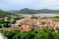 A view from high up looking down onto the small medieval town of Ston, Croatia.  The rocky fortress is an ancient defensive wall Royalty Free Stock Photo