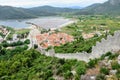 A view high up from the walls of Ston overlooking the town of Ston, Croatia. The wall is an ancient defensive wall