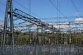 View on high voltage electricity power distribution plant with a lot of cables and wires. Royalty Free Stock Photo