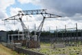 View on high voltage electricity power distribution plant and electricity pillars with a lot of cables. Royalty Free Stock Photo