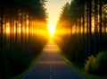 A view of a highway going through a jungle at a beautiful sunset