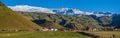 View from highway road during auto trip in Iceland. Spectacular Icelandic landscape with  scenic nature: hamlets, mountains, ocean Royalty Free Stock Photo