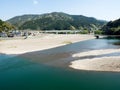 View of Hijikawa river from Furo-an pavilion on the grounds of Garyu Sanso, a historic villa in Ozu Old Town Royalty Free Stock Photo