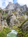 View from hiking trail Cares Trail or Ruta del Cares along river Cares in spring near Cain, Picos de Europa National Park,