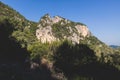 View of hiking trail from Paleokastritsa to Lakones, Old Donkey path, Corfu, Kerkyra, Greece, Ionian sea islands, with olive grove Royalty Free Stock Photo