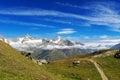 View of hiking trail in Swiss Alps, Zermatt Mountains area near Matterhorn Peak in summer, Switzerland