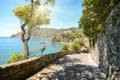 View from hiking trail to beautiful coastline and beach of mediterranean sea near village Monterosso al Mare in early summer, Royalty Free Stock Photo