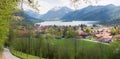 View from hiking way to idyllic spa town schliersee, spring land