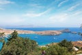 View from the hill of the Acropolis on the Mediterranean coast in the city of Lindos, Rhodes island, Greece Royalty Free Stock Photo