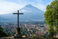 View from the hill of the Cross of the city of Antigua in Guatemala and the Agua volcano. Royalty Free Stock Photo