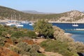 View from the hill onto campsite on the beach of Aquarium Bay in Gulf of Gokova near Bodrum in Turkey. Royalty Free Stock Photo