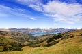 A view from a hill to Barrys bay near Akaroa, New Zealand. Royalty Free Stock Photo