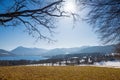 View from the hill to lake tegernsee and mountains, early spring Royalty Free Stock Photo