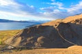 View from the hill to the mountains, the fields and the lake Tso Moriri in Himalayas.