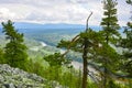 View from hill to ural mountains and pecora river valley Royalty Free Stock Photo