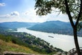 A view from the hill of Visegrad castle to Danube river and a ship, villages and mountains Royalty Free Stock Photo