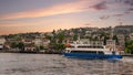 View of the hills of Buyukada island from Marmara Sea, with traditional houses, and ferry terminal, Istanbul, Turkey