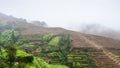 view of hills with terraced rice fields in rain Royalty Free Stock Photo