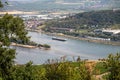 view on hillside vineyards along the Rhine River and the fulder aue island in the rhine near ruedesheim