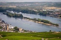 view on hillside vineyards along the Rhine River and the fulder aue island in the rhine near ruedesheim