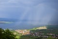 View of hilly landscape of Palava with forests, rocks and lake Nove Mlyny in South Moravia under the sky with clouds Royalty Free Stock Photo