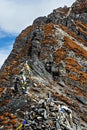 The Himalayan mountain landscape on the trekking route from Thule Kharka to Lukla at Zatrwa la Pass on Mera Peak trek in Nepal