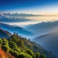 View of the Himalayan mountain range from the Khalia Top Trek trail with outlines of the mountains visible through the Royalty Free Stock Photo