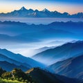 View of the Himalayan mountain range from the Khalia Top Trek trail with outlines of the mountains visible through the Royalty Free Stock Photo