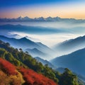 View of the Himalayan mountain range from the Khalia Top Trek trail with outlines of the mountains visible through the Royalty Free Stock Photo