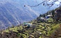View of a Himalayan village on slop of mountain