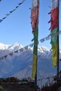 View of the Himalayas mountain range with prayer flags in the Langtang National Park Royalty Free Stock Photo