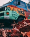 View Of A Hippy Van Through Autumn Leaves