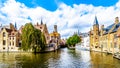 View of the historic buildings and the Belfort Tower from the Dijver canal in the city of Bruges, Belgium Royalty Free Stock Photo