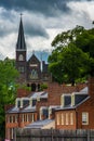 View of historic buildings and St. Peters Roman Catholic Church, in Harpers Ferry, West Virginia. Royalty Free Stock Photo