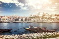 View of the historic center of Porto, the Douro river and the typical Rabelo boats used to carry port wine Royalty Free Stock Photo