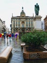 Historic center rainy day view Milan city Italy