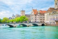 View of the historic city center of Zurich with famous Fraumunster Church and river Limmat, Switzerland