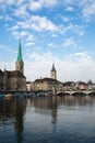 View of historic city of Zurich. Fraumunster Church and river Limmat at Lake Zurich. Canton of Zurich, Switzerland