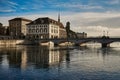 View of historic city of Zurich. Munsterbucke bridge crossing ri Royalty Free Stock Photo