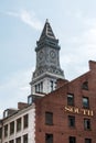 View of the historic Custom House skyscraper clock tower in skyline of Boston Massachusetts USA Royalty Free Stock Photo