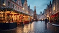 View historic European town square adorned with St. Nicholas Day decorations. The square features a charming Christmas market,