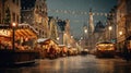View historic European town square adorned with St. Nicholas Day decorations. The square features a charming Christmas market,