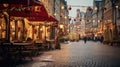 View historic European town square adorned with St. Nicholas Day decorations. The square features a charming Christmas market,