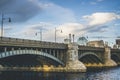 View of historic Longfellow Bridge over Charles River, connecting Boston`s Beacon Hill with Cambridge, Massachusetts Royalty Free Stock Photo