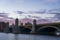 View of historic Longfellow Bridge over Charles River, connecting Boston`s Beacon Hill with Cambridge, Massachusetts Royalty Free Stock Photo