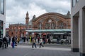 View of the historic main train station building and square in downtown Bremen